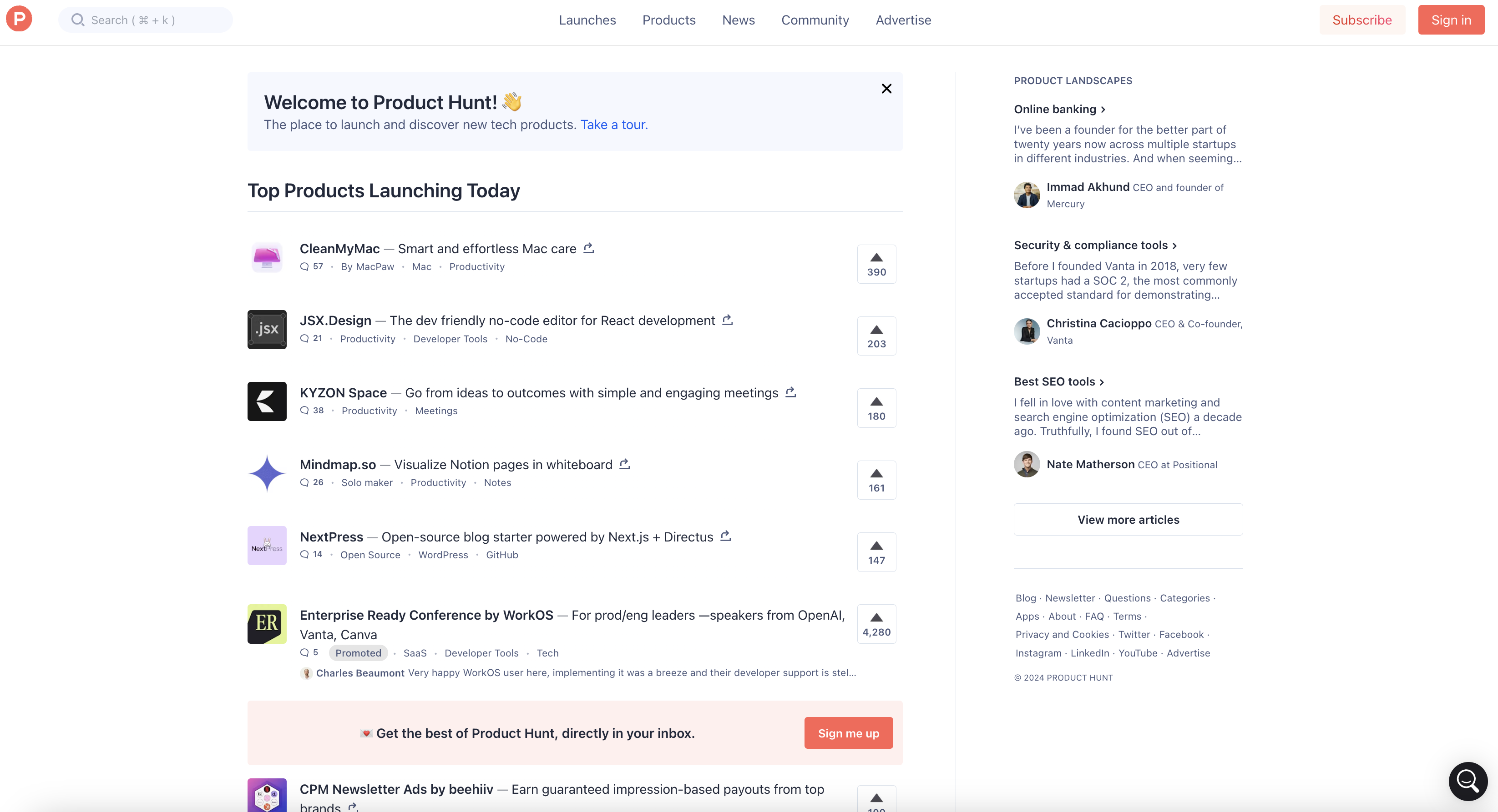 Smodin’s screenshot of the Product Hunt homepage. 